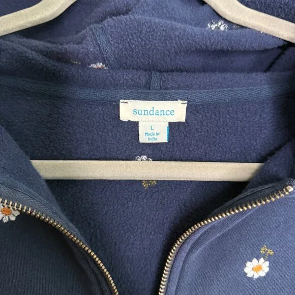 Sundance Size Large Navy Embroidered Floral Zip Hoodie Boho Cotton - Picture 5 of 8